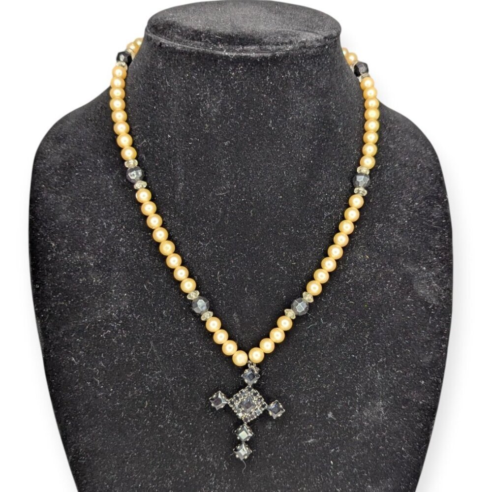 Vintage Faux Pearl Beaded and Heavy Dark Crucifix Necklace Made in Japan